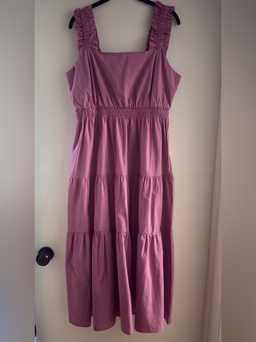 Sleeveless Mauve Tiered Midi Dress with Ruffled Straps